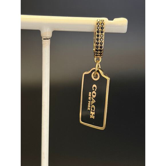 Coach Black Enamel Tag Drop Earrings Gold Tone Huggie - Picture 4 of 6
